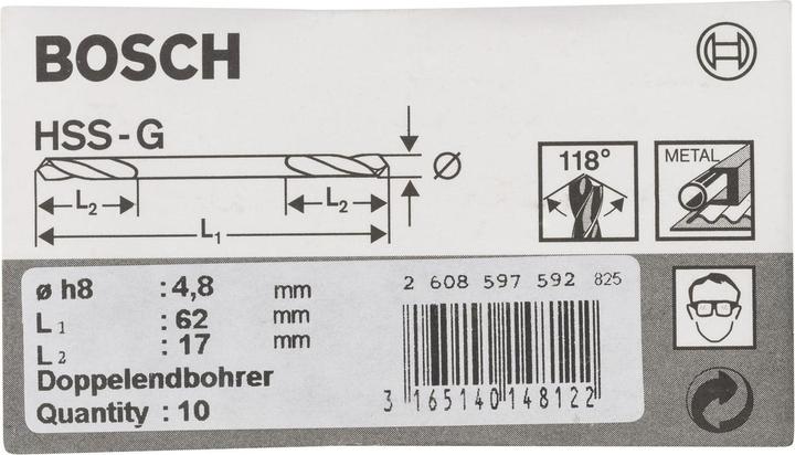 Produktbild Bosch Professional Zubehör Doppelendbohrer HSS-G, 4,8 x 17 x 62 mm, 10er-Pack (4.8 mm)
