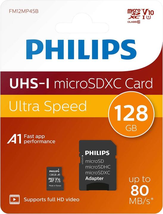 Actual product image Philips MicroSDXC Class 10 UHS-I U1 with adapter (128 GB, microSDXC, U1, UHS-I)