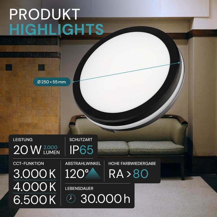 Produktbild Luxula LED-Deckenleuchte, 20W, EEK: F, 2000lm, CCT, IP65, schwarz/weiss (2000 lm)