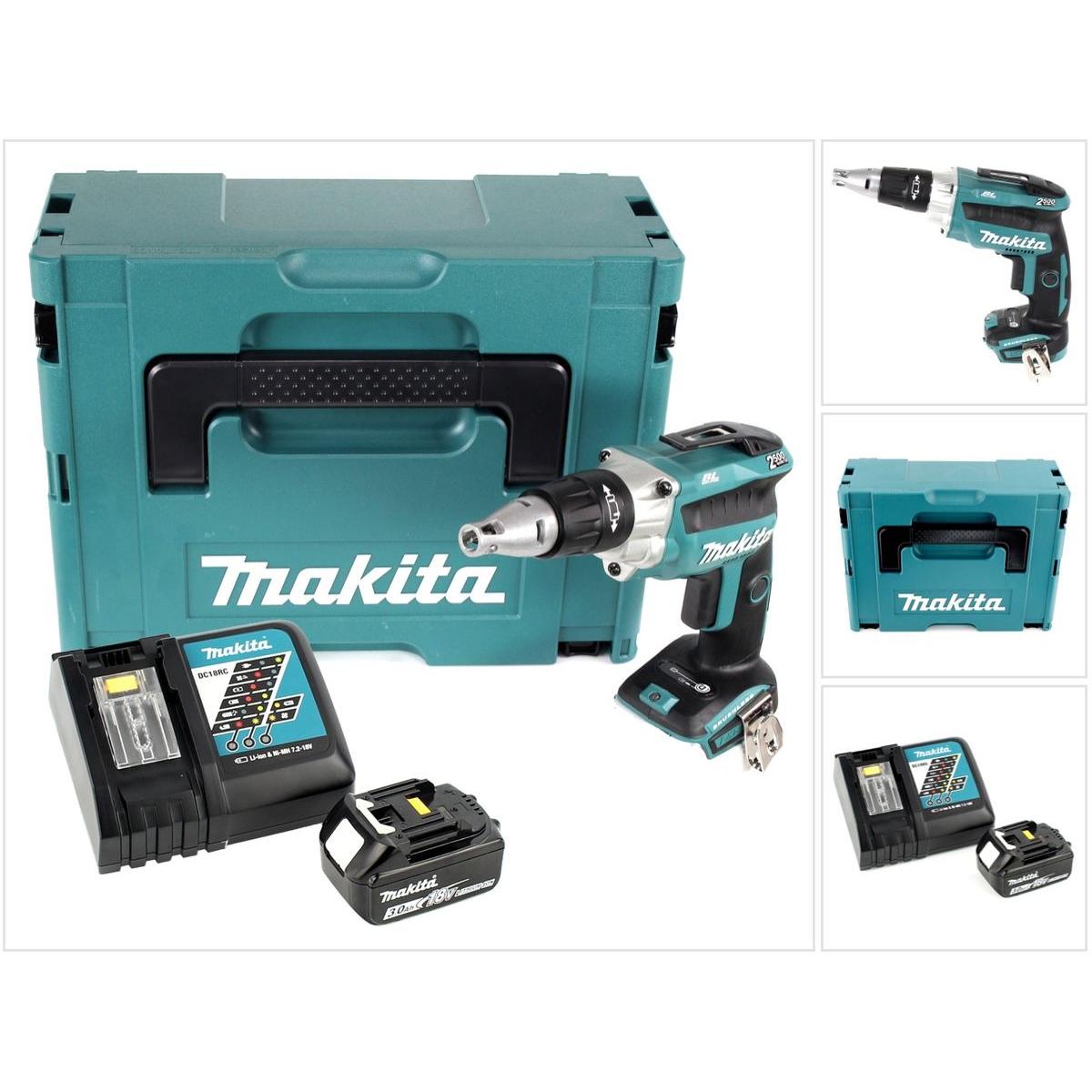 Makita, Bohrmaschine + Akkuschrauber, DFS 250 RF1J Akku Trockenbauschrauber 18 V Brushless + 1x Akku 3,0 Ah + Ladegerät ...