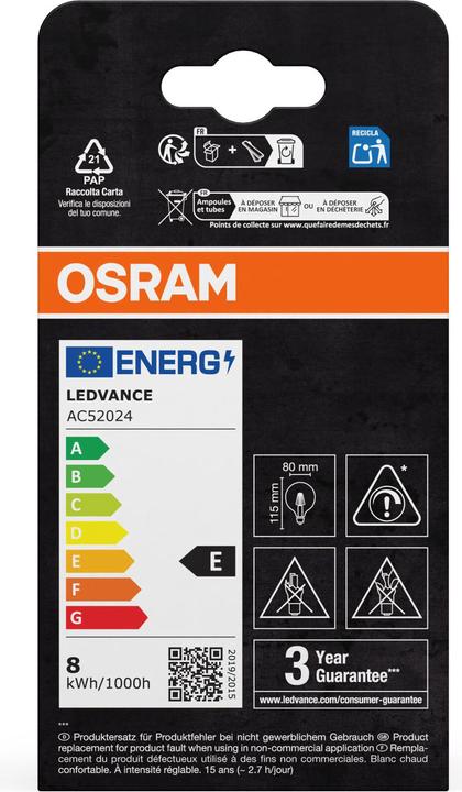 Image du produit Osram Vintage 1906 LED CLASSIC Globe à intensité variable (E27, 7.20 W, 806 lm, 4 x, E)