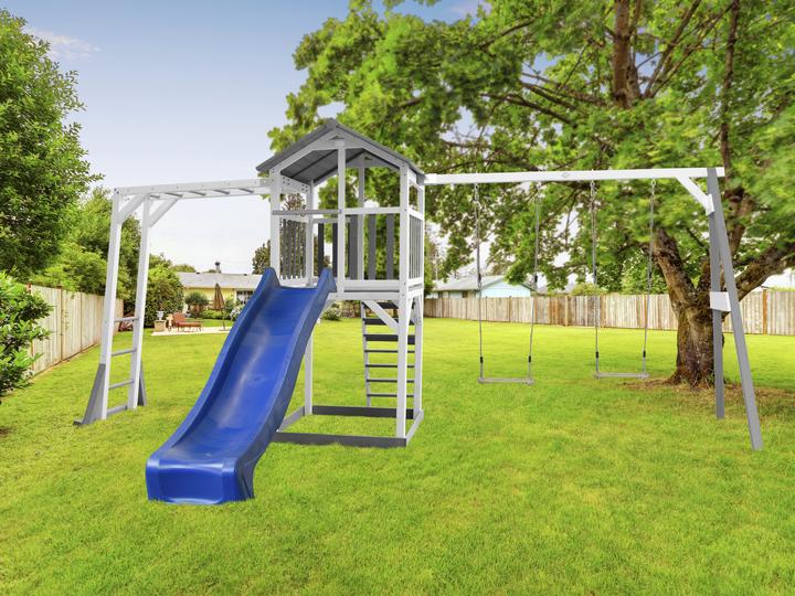 Produktbild Axi Beach Tower Spielturm mit Klettergerüst und Doppelschaukel - Blaue Rutsche