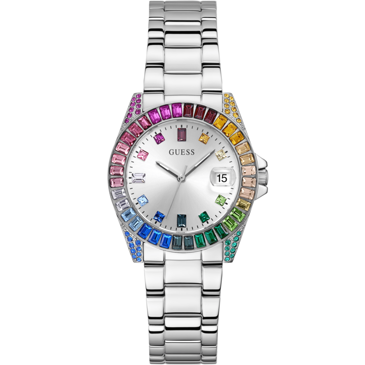 Actual product image Guess P SLV CS W/ BAGUETTE CRYS / SUN SLV DATE DL / P SLV BRCT Wristwatch (34 mm)