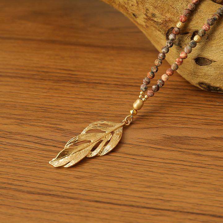 Image du produit Andreani Collier avec pendentif plume en jaspe léopard véritable