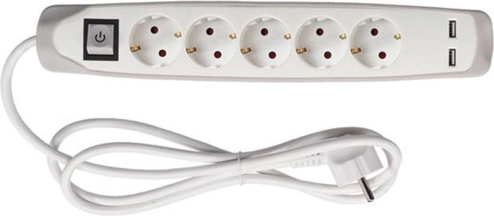 Produktbild Perel 5-FACH-STECKDOSENLEISTE MIT SCHALTER - 2 USB-PORTS - KABEL: 1.5 m - GRAU/WEI? - SCHUKO (5 x, CEE 7/3, 1.50 m)