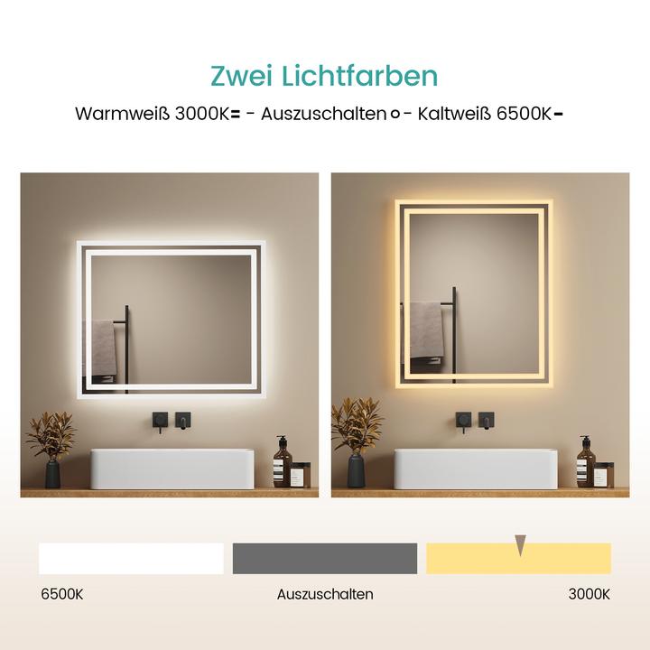 Produktbild Emke Badezimmerspiegel mit Beleuchtung 50*60cm,Beschlagfrei, 3000K/6500K,Tast Schalter (60 x 50 cm)