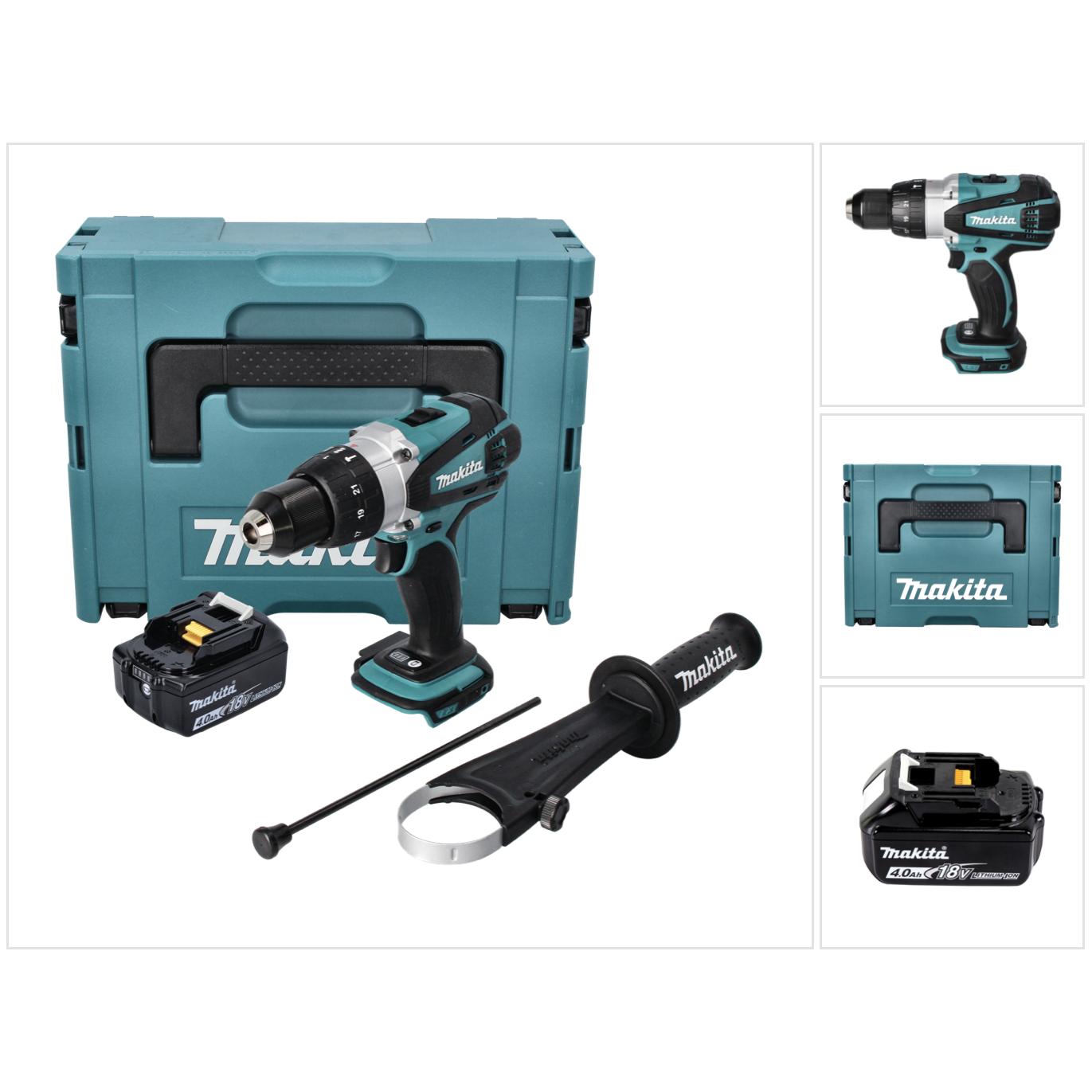 Makita, Trapano + Avvitatore a batteria, DHP 458 M1J Perceuse-visseuse à percussion sans fil 18 V 91 Nm + 1x batteria 4.0 Ah + Makpac