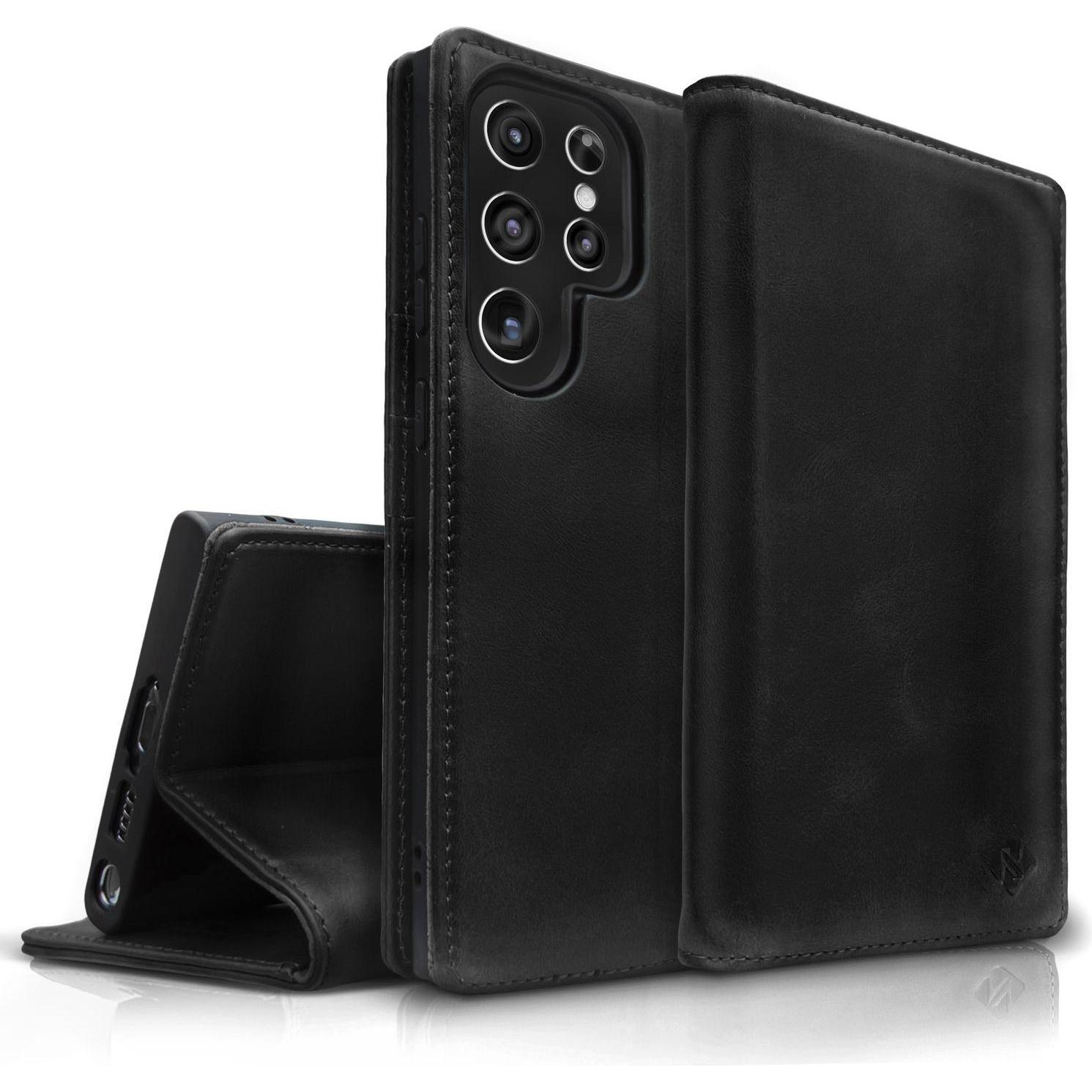 Nalia Echt Leder Flip Case Hülle mit Magnetverschluss (Samsung Galaxy S23 Ultra), Smartphone Hülle, Schwarz