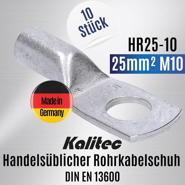 Produktbild Kalitec 10 Stück HR25-10 Handelsübliche Rohrkabelschuhe 25mm² M10 I ohne Sichtloch I Made in Germany