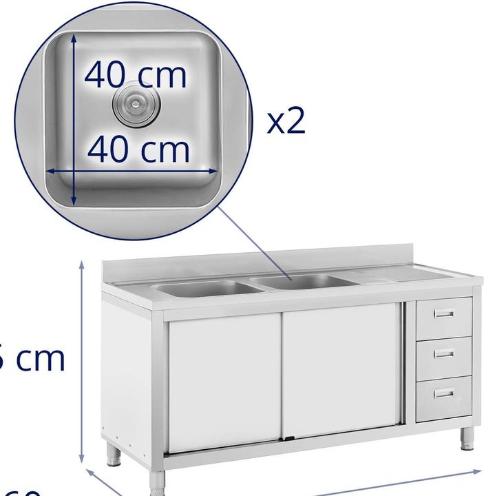 Actual product image Royal Catering Commercial Kitchen Sink - 2 basins - - Stainless steel - 400 x 400 x 300 mm (Sink accessories, 30 cm, 60 cm)
