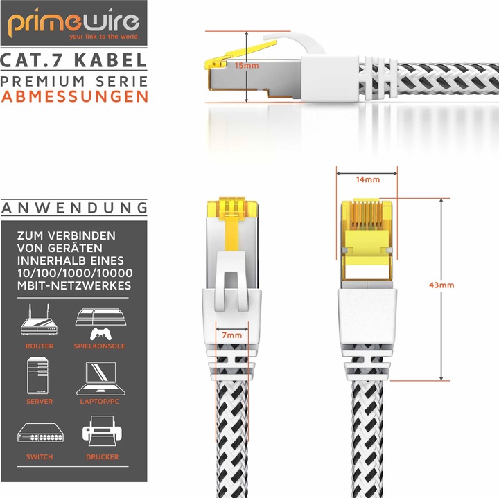 Produktbild Primewire CAT.7 Netzwerkkabel Baumwollmantel, Gigabit Ethernet CAT 7 LAN Kabel, 10000 Mbit/s Patchkabel (S/FTP, CAT7, 20 m)