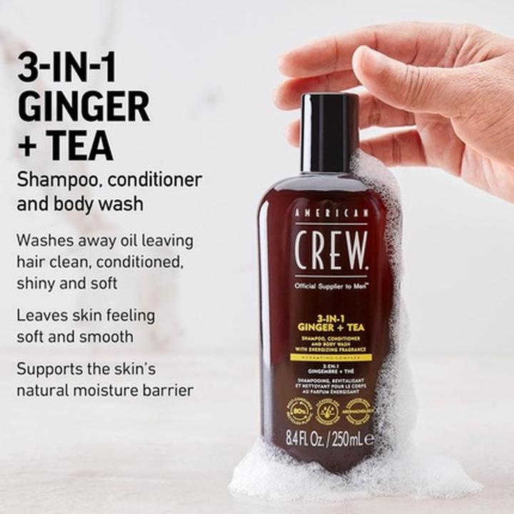 Immagine prodotto American Crew Shampoo, balsamo e lavaggio corpo 3 in 1 allo zenzero e al tè (450 ml)