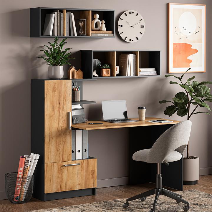Produktbild Vicco Schreibtisch-Set Tomy, Anthrazit/Goldkraft Eiche, 150 x 59 cm 3er Set da 2 Regale+Schreibtisch