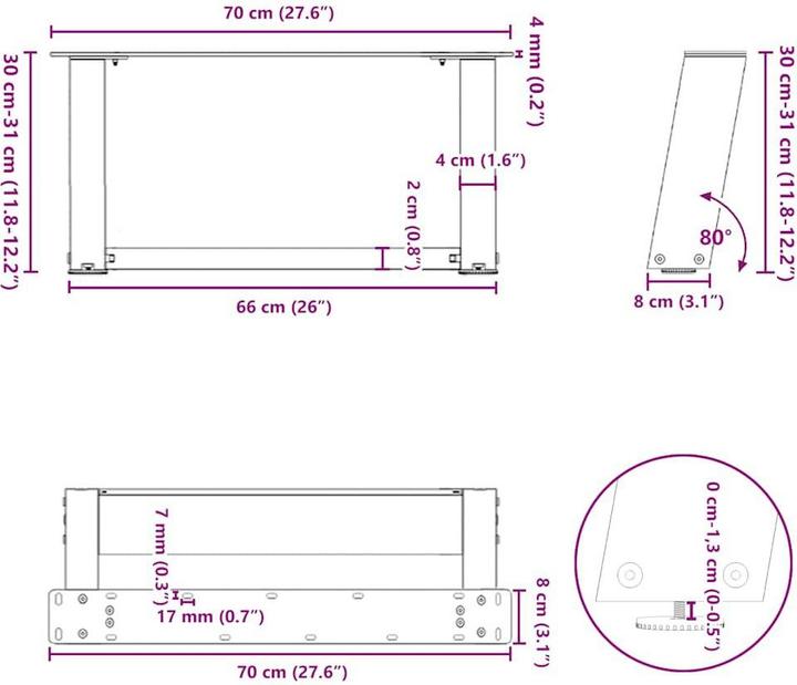 Immagine prodotto vidaXL Gambe del tavolino a U 2 pezzi nero 70x(30-31) cm gamba del tavolo in acciaio