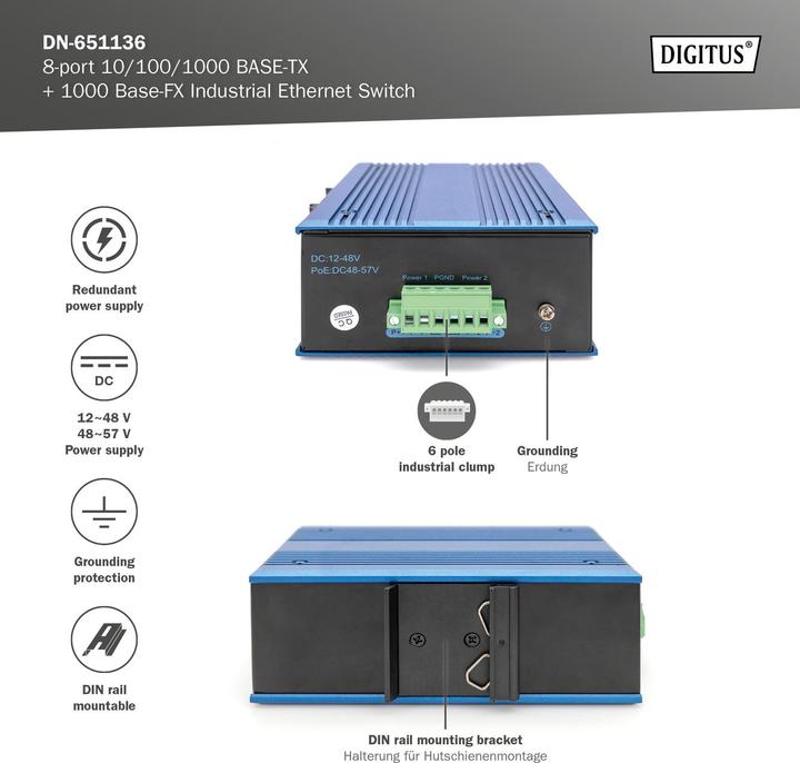 Produktbild Digitus 8-port 10/100/1000BASE-TX+1000Base-FX Industrial Ethernet Switch (8 Ports)