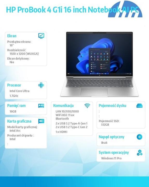 Actual product image HP ProBook 4 G1i 16 inch Notebook AI PC (16", 512 GB, 16 GB, Numeric keypad)