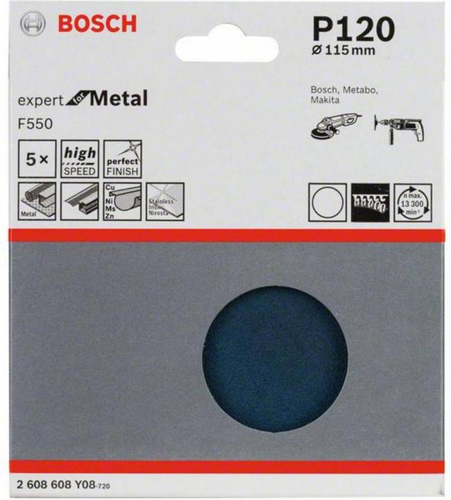 Actual product image Bosch Professional Zubehör Sanding sheet F550, Expert for Metal, 115 mm, 120, unperforated, Velcro, pack of 5 (120)