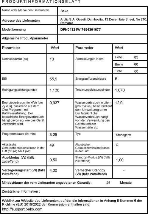 Nutritional values and ingredients Beko Geschsp. DFN04321W E