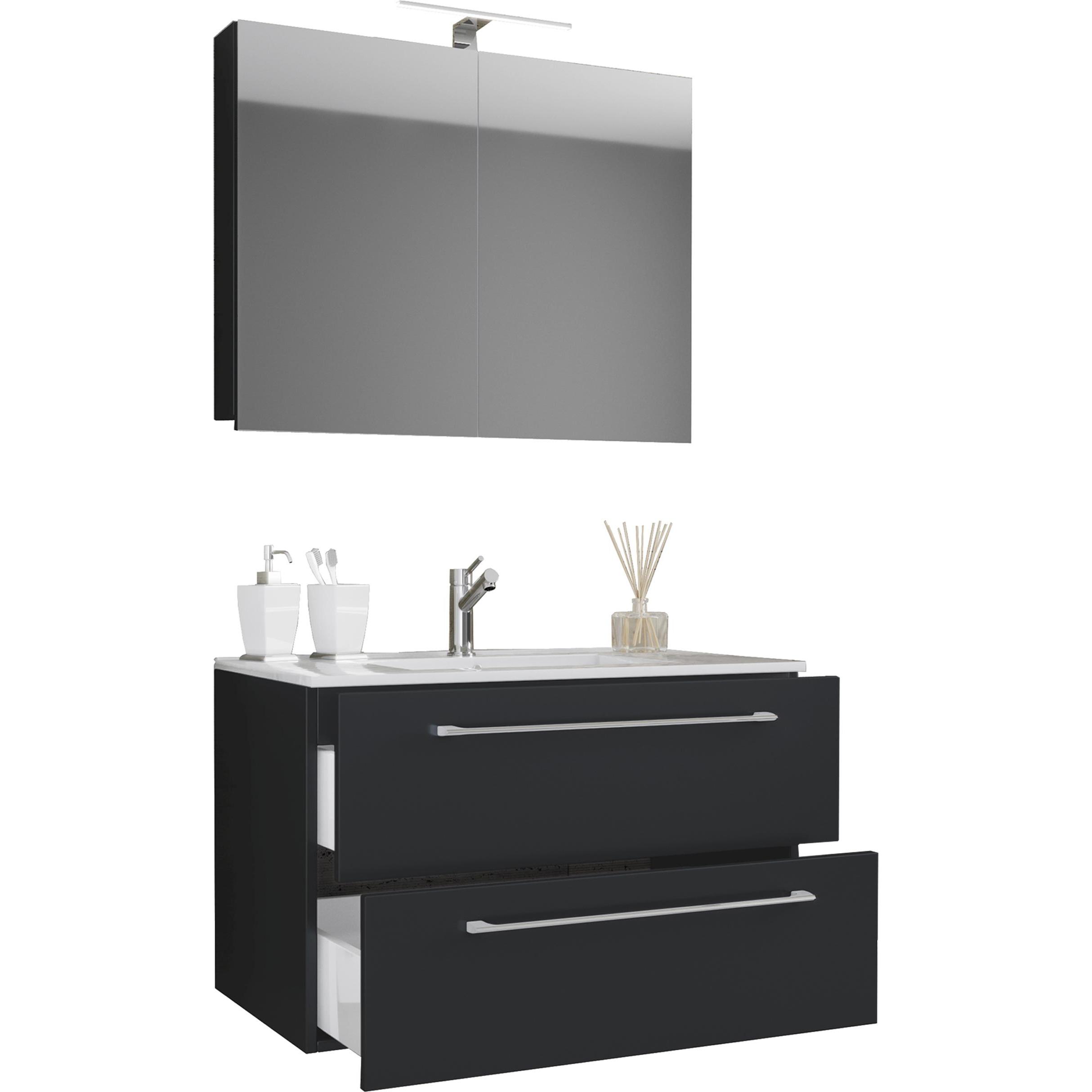 Thumbnail - VCM, Badmöbelset, 3.-tlg. Waschplatz Waschtisch Badinos 2 Schubladen Spiegelschrank