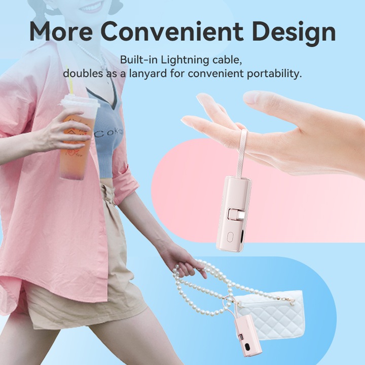 Actual product image Vention LED Display 4800mAh Power Bank (USB-C + Lightning + USB-C) 22.5W Pink Foldable USB-C Type (4800 mAh, 22.50 W, 22.50 Wh)