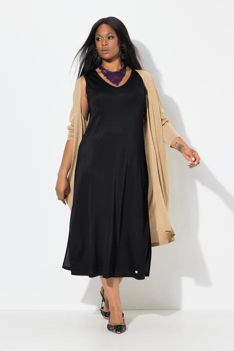 Produktbild Ulla Popken Midi-Slinkykleid, A-Linie, V-Ausschnitt, Piqué, ärmellos (54)