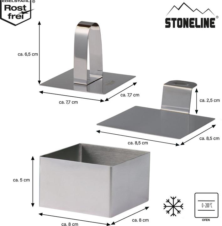 Produktbild Stoneline Dessertringe und Speiseringe, 8-teilig, Edelstahl, 6 Ringe, 1 Heber, 1 Stempel, eckig
