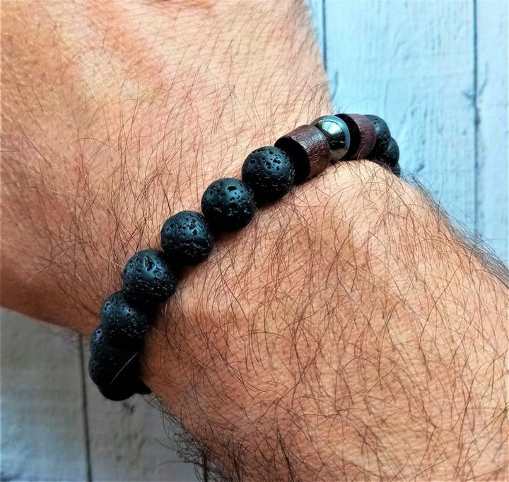 Immagine prodotto Cbx Bracciale elastico con perline Lava Rock (0.80 cm, Pietra lavica e larvikite (pietra di luna nera))