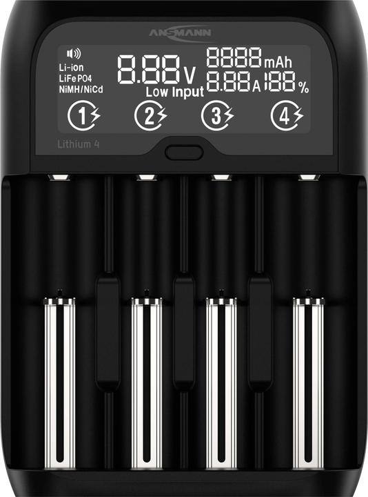 Actual product image Ansmann Lithium 4 Universalladegerät mit 2x 18650 Akkuzellen (2600mAh) Ladegerät (1 pcs., 14500, 16340, 17670, 18500, 18650, 22650, 26650, 2600 mAh, Battery + charger)