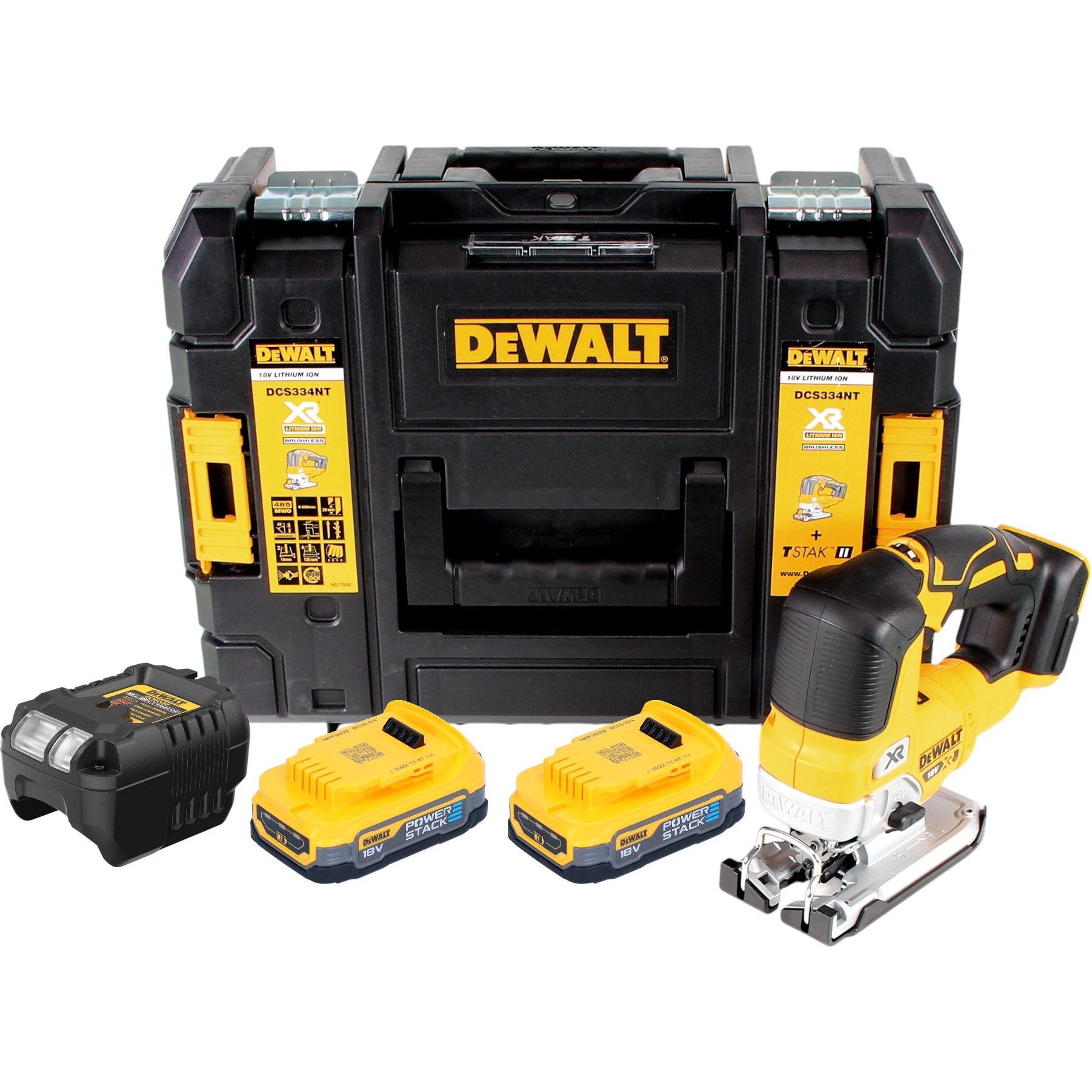 DeWalt, Stichsäge, DCS 334 E2T Akku Pendelhub Stichsäge 18 V Brushless + 2x Powerstack Akku 1,7 Ah + Ladegerät