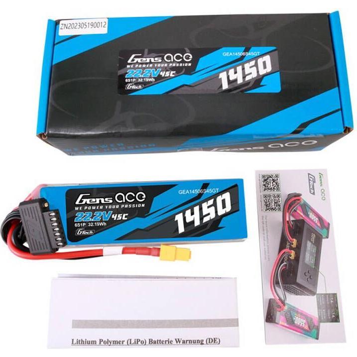 Thumbnail - Gens Ace G-Tech 1450mAh 22.2V 45C 6S1P Lipo Battery Pack with XT60 Plug (22.20 V, 1450 mAh)