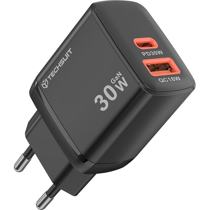 Techsuit - Wall Charger Duonix30W (CH1) - Type-C, USB, Dual Travel Charger 30W - Black (30 W), Caricatore USB, Nero