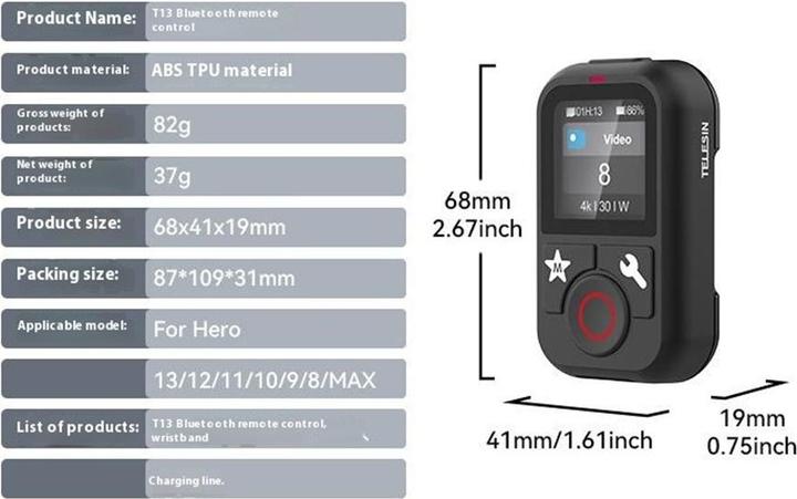 Productafbeelding Telesin Bluetooth Remote V2 For GoPro 12/11/10/9/8/Max (T-S5-RMT-01-TGP) (Held 10, Held 8, Held 9, Held 12, Held 11)