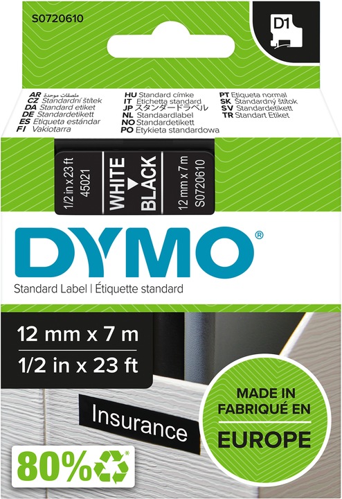 Produktbild Dymo S0720610 Standardband (1.20 cm, Schwarz, Weiss)