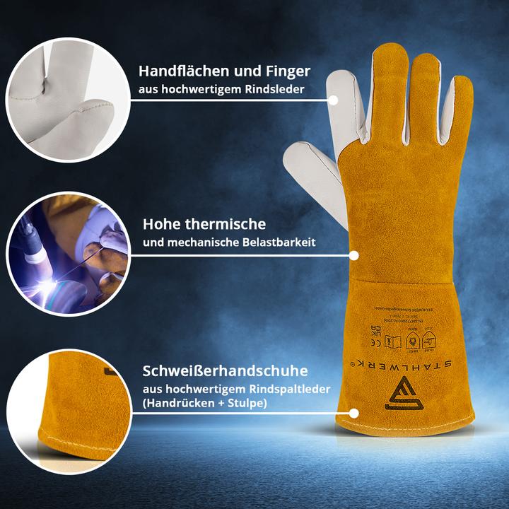 Produktbild Stahlwerk Schweisserhandschuhe 2er Set Arbeitshandschuhe Echtleder hitzebeständig (One Size)