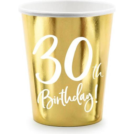 Partydeco, Einweggeschirr, Paper cups 30th Birthday, gold, 220ml (1 pkt / 6 pc.) (6 x)