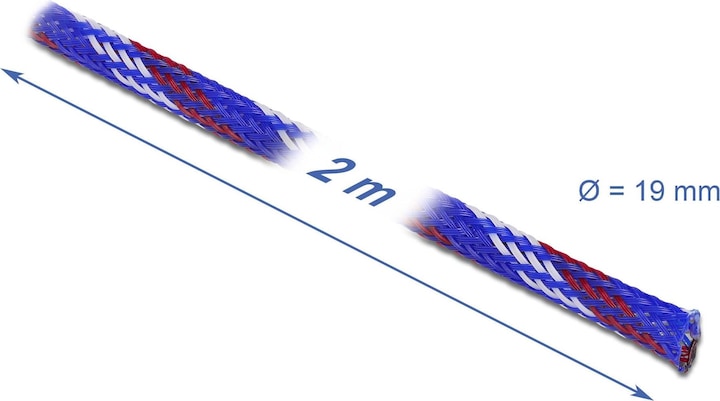 Produktbild Delock Geflechtschlauch dehnbar 2 m x 19 mm blau-rot-weiss (Kabelschlauch, 200 cm)