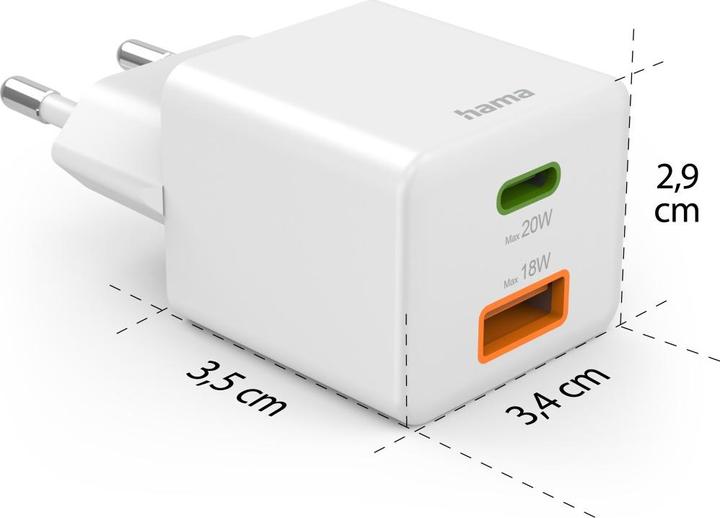 Produktbild Hama Schnellladegerät, 1*USB-C PD, 1*USB-A QC, Mini-Ladegerät, 20W, Weiss (20 W)
