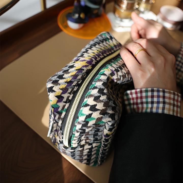 Actual product image Only-Bags.Store Plaid Woolen Cosmetic Bag - Spacious & Portable Makeup Organiser with Zipper, Foldable