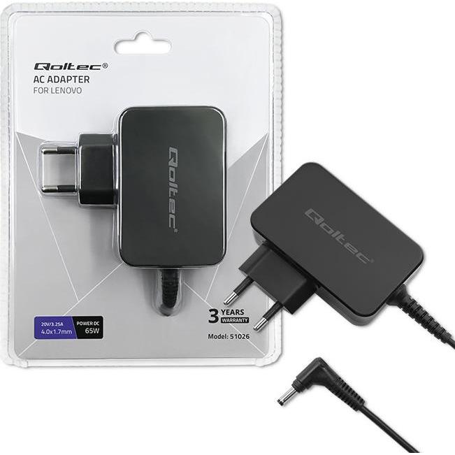 Qoltec 51026 Power adapter for Lenovo (65 W), Notebook Netzteil, Schwarz