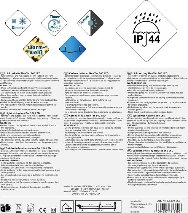 Produktbild Idena Lichterkette NewTec 360 LED ww Lichtsensor (43.90 m)