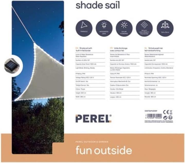 Produktbild Perel SONNENSEGEL MIT LED-BELEUCHTUNG - DREIECKIG - 3.6 x 3.6 x 3.6 m - TAUPE