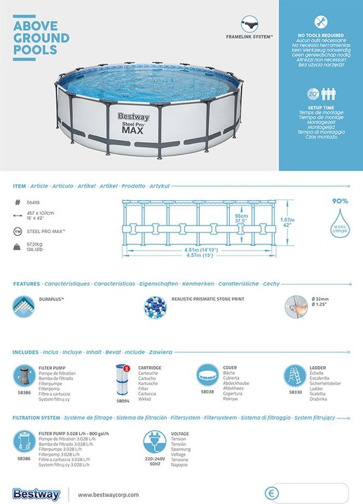 Produktbild Bestway Steel Pro MAX Frame Pool Komplet t-Set 457 x 107 cm (457 x 107 cm)