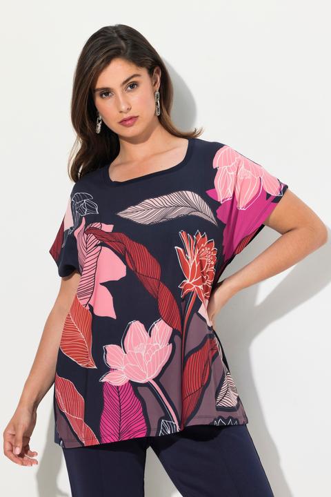 Produktbild Ulla Popken Shirtbluse, Blüten, Oversized, Rundhals, Halbarm (54)