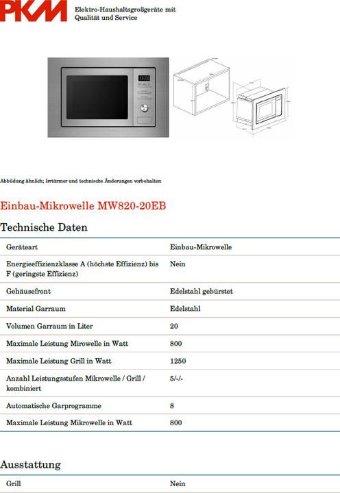 Produktbild PKM Einbau Mikrowelle MW820-EBM BxHxT 59,5 x 38,2 x 34,4 cm (20 l)