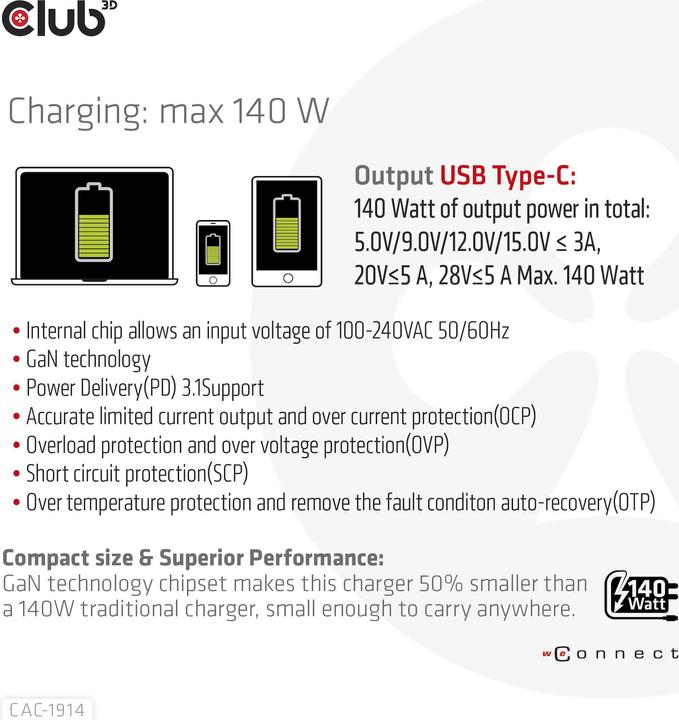 Actual product image Club 3D Club3D Charger 1xUSB Type C, PD 140W retail (140 W)