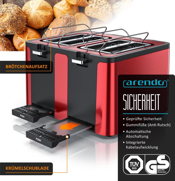 Produktbild Arendo Toaster 4 Scheiben Kurzschlitz, Wärmeisolierendes Doppelwandgehäuse, Edelstahl, Automatik, 1750 W