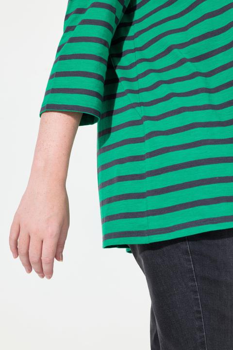 Image du produit Ulla Popken T-shirt rayé avec plis fantaisie, col rond et manches 3/4, coupe évasée (46, 48)