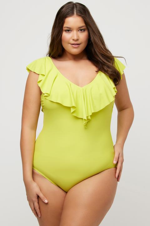 Image du produit Ulla Popken Maillot de bain une pièce à volant, décolleté en V, bonnets souples (48)