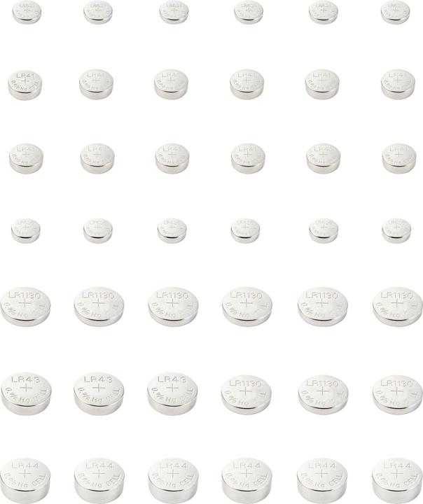 Productafbeelding Voltcraft Knoopcelset 6 x AG1, 12 x AG3, 6 x AG4, 9 x AG10, 3 x AG12, 6 (42 Pcs., A10, AG1, AG12, LR41, LR44, LR66)