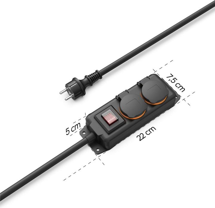 Produktbild Hama Steckdosenleiste, 2-fach, für aussen IP44, Schalter, Wandmontage, 2 m, Schw. (2x, CEE 7/3, 2 m)